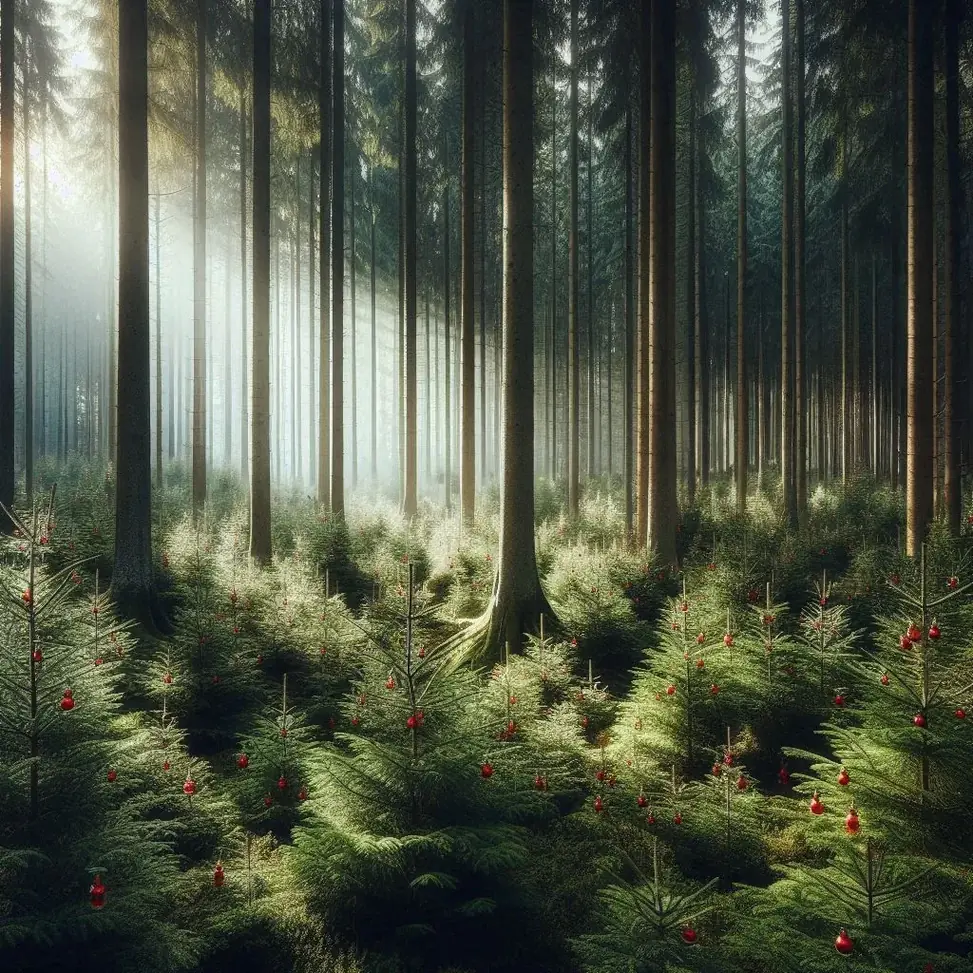 Lichter Nadelwald im Morgendunst mit jungen Bäumen am Boden